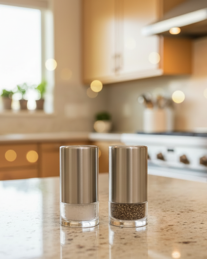 Set de Salero y Pimentero de Acero con Base de Acrílico