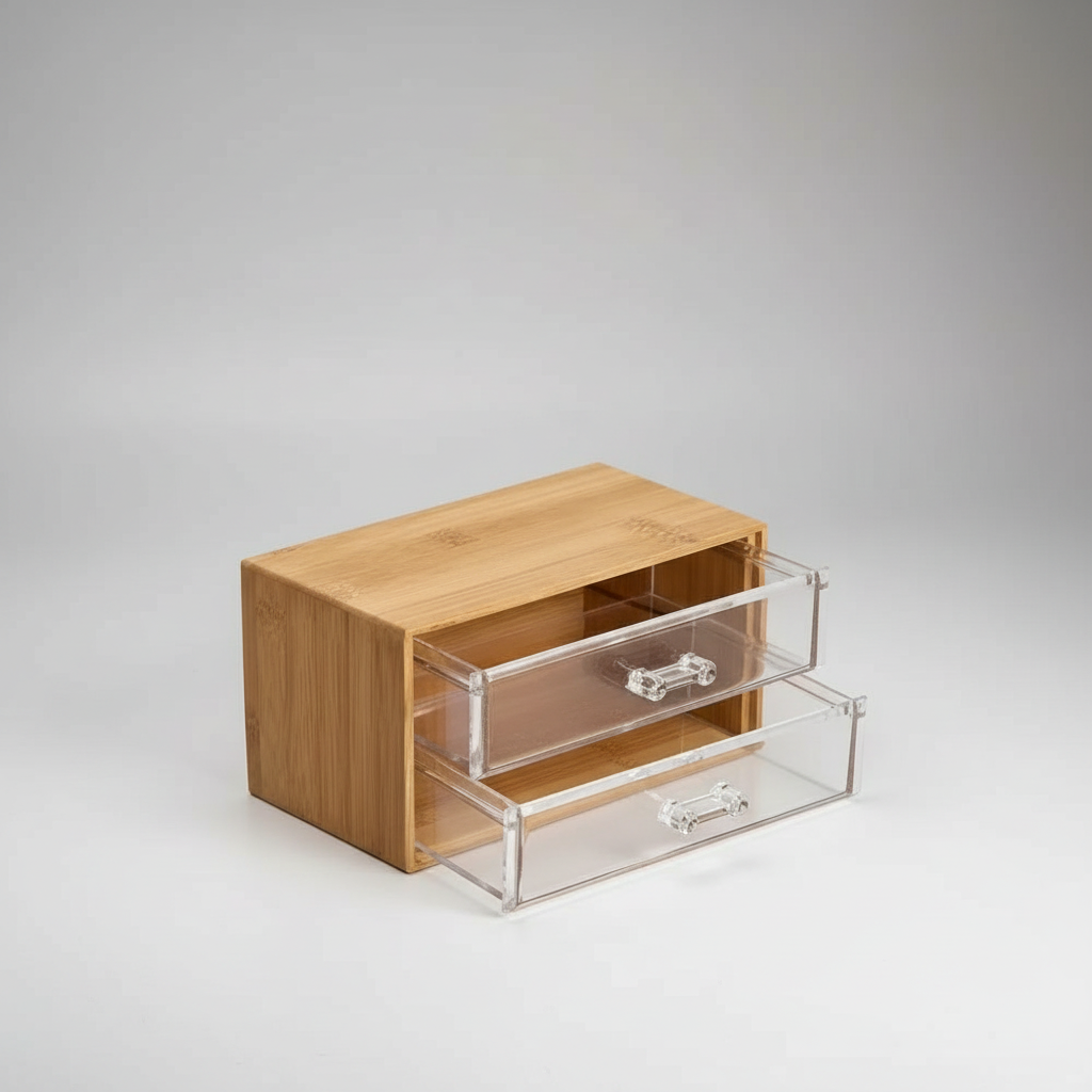 Organizador De Maquillaje De Bambú Con 2 Cajones Acrílicos