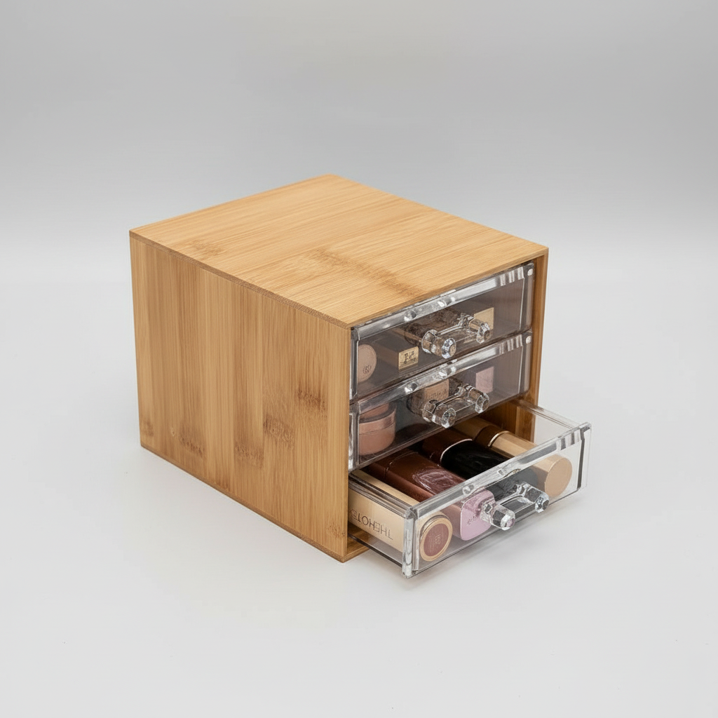 Organizador Maquillaje De Bambú Con 3 Cajones Acrílicos