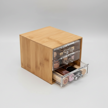 Organizador Maquillaje De Bambú Con 3 Cajones Acrílicos