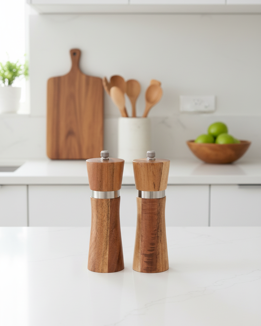 Set De 2 Molinillos Pequeños Para Sal y Pimienta De Madera De Acacia