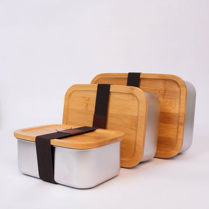 Kit De 3 Porta Comida En Acero Con Tapa De Bambú + Precinto Elástico