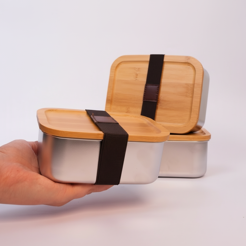 Kit De 3 Porta Comida En Acero Con Tapa De Bambú + Precinto Elástico