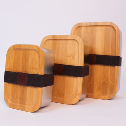 Kit De 3 Porta Comida En Acero Con Tapa De Bambú + Precinto Elástico