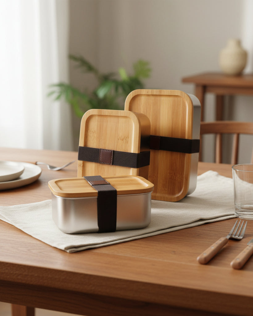 Kit De 3 Porta Comida En Acero Con Tapa De Bambú + Precinto Elástico