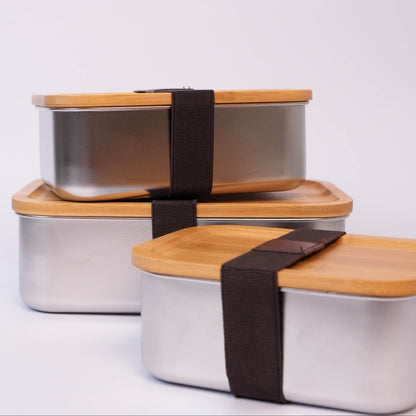 Kit De 3 Porta Comida En Acero Con Tapa De Bambú + Precinto Elástico