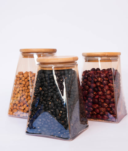 3 Frascos pirámide con tapa de bambú