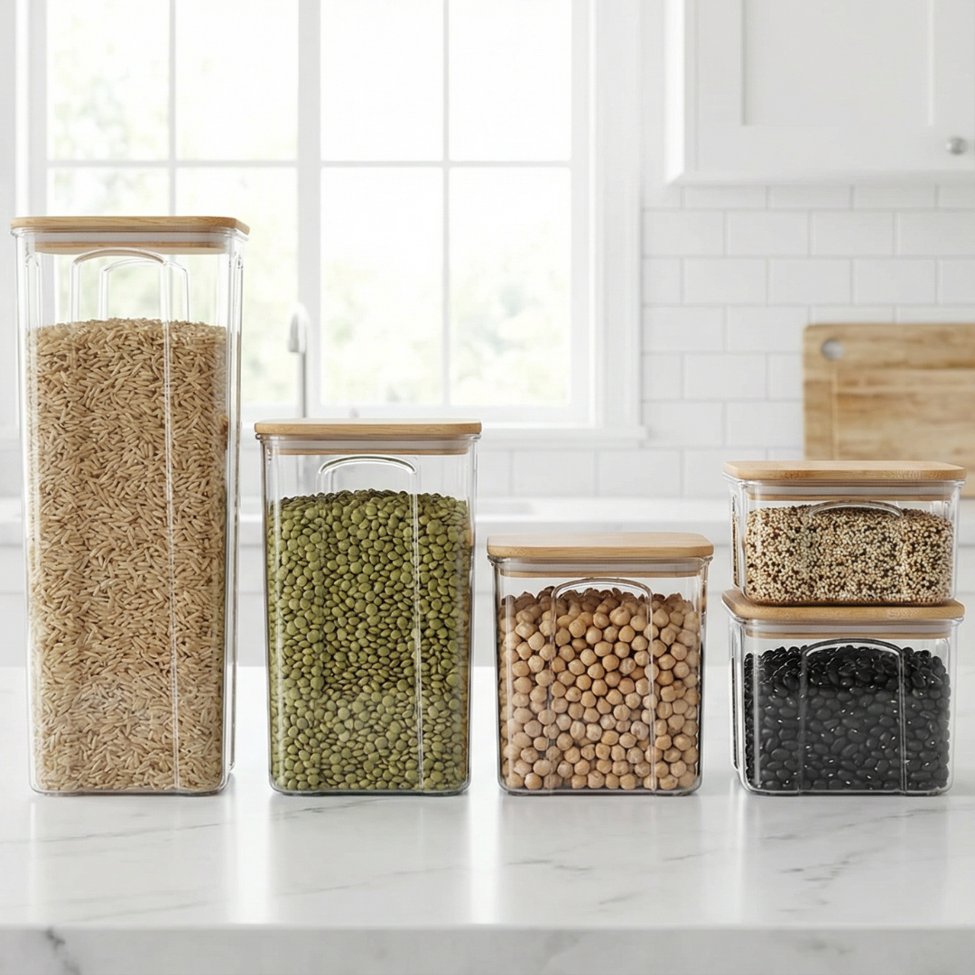 5 Contenedores de policarbonato con tapa de bambú