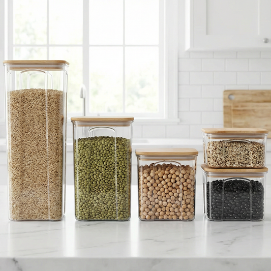 5 Contenedores de policarbonato con tapa de bambú