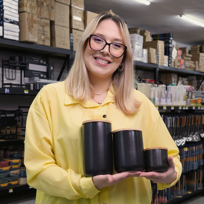 Kit De 3 Frascos Herméticos De Cerámica Con Tapa De Bambú