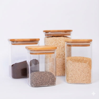 Set de Frascos De Vidrio Con Tapa De Bambú